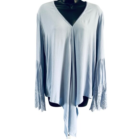 Womens Top M Powder Blue Bell Sleeve Crochet Lace Detail Tie Front - Picture 2 of 8